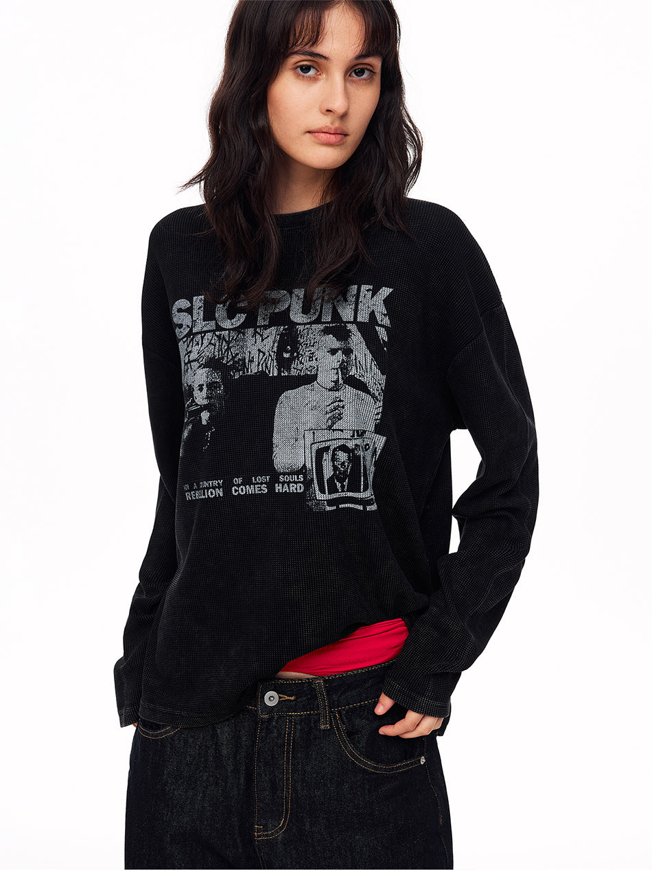 MADWITCH PUNK DISTRESSED WAFFLE-KNIT GRAPHIC T-SHIRT #N2195