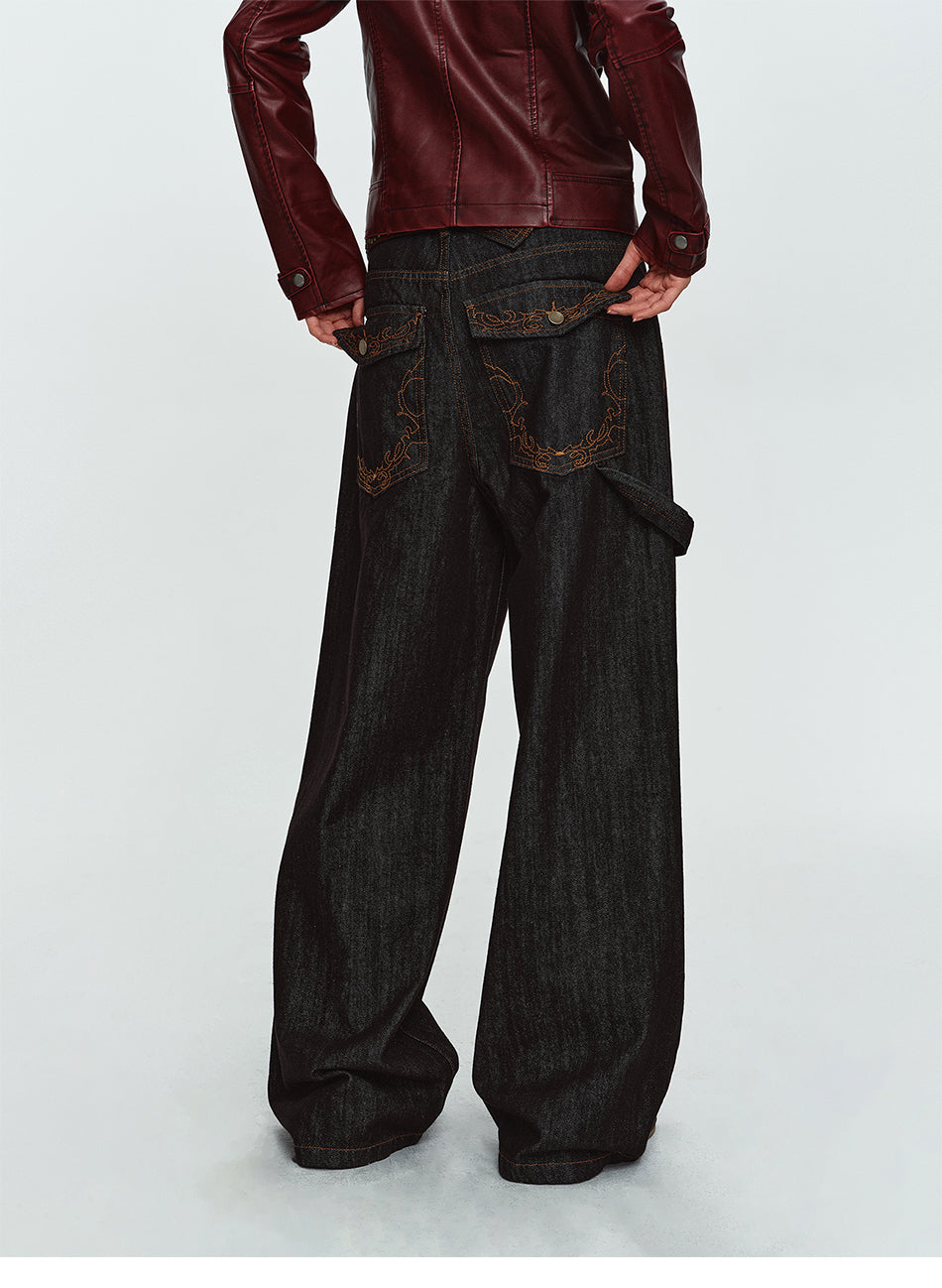 MADWITCH BACK-EMBROIDERED RAW-DENIM WIDE-LEG JEANS #DR8219