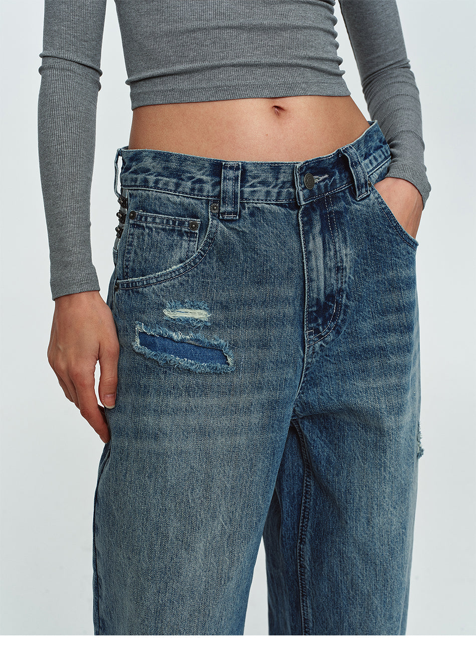 MADWITCH CONTRAST-STITCH WAXED-BLACK WIDE-LEG JEANS #GPC9859
