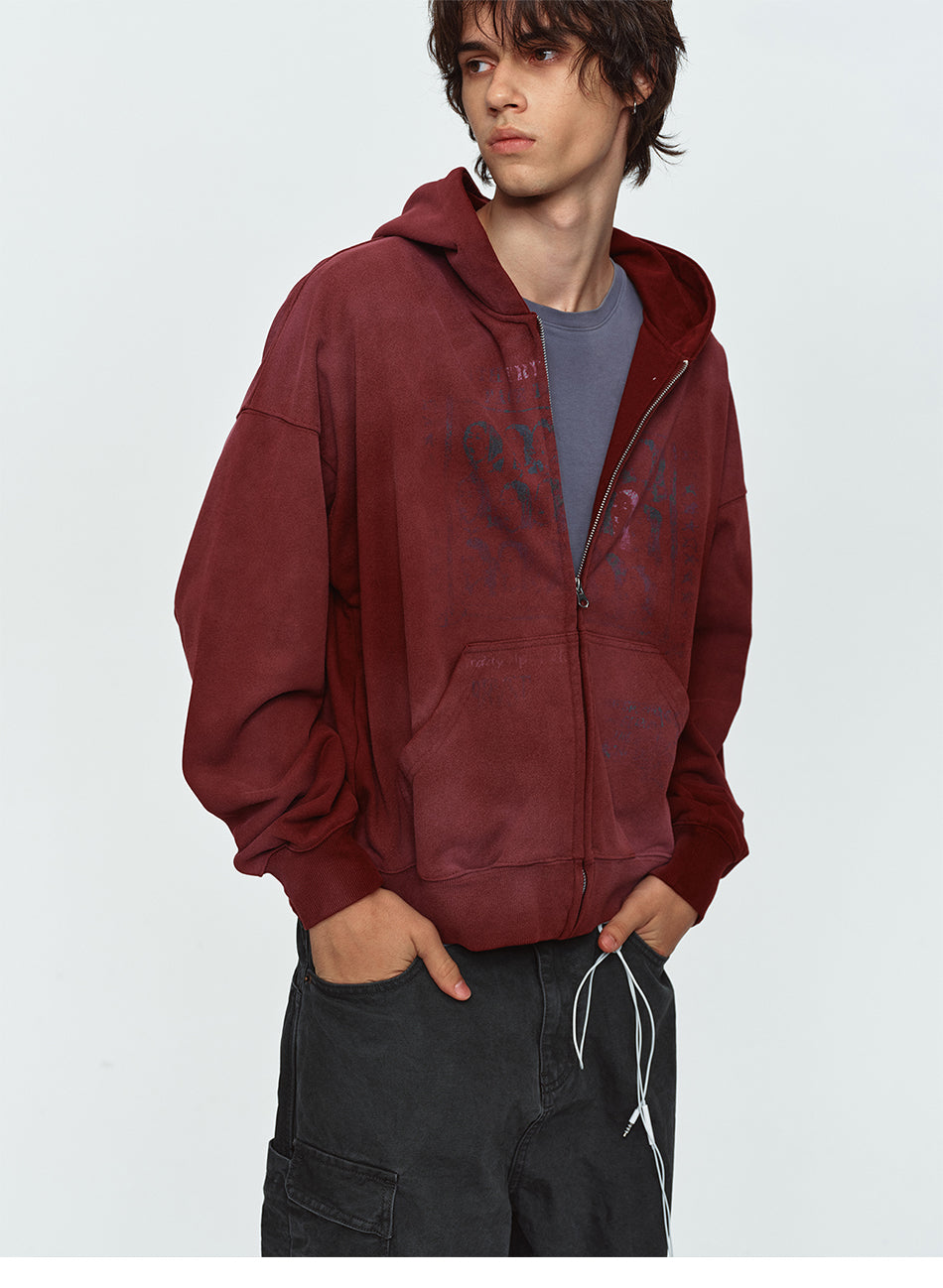 MADWITCH WASHED DISTRESSED PORTRAIT-GRAPHIC OVERSIZED ZIP HOODIE #27590