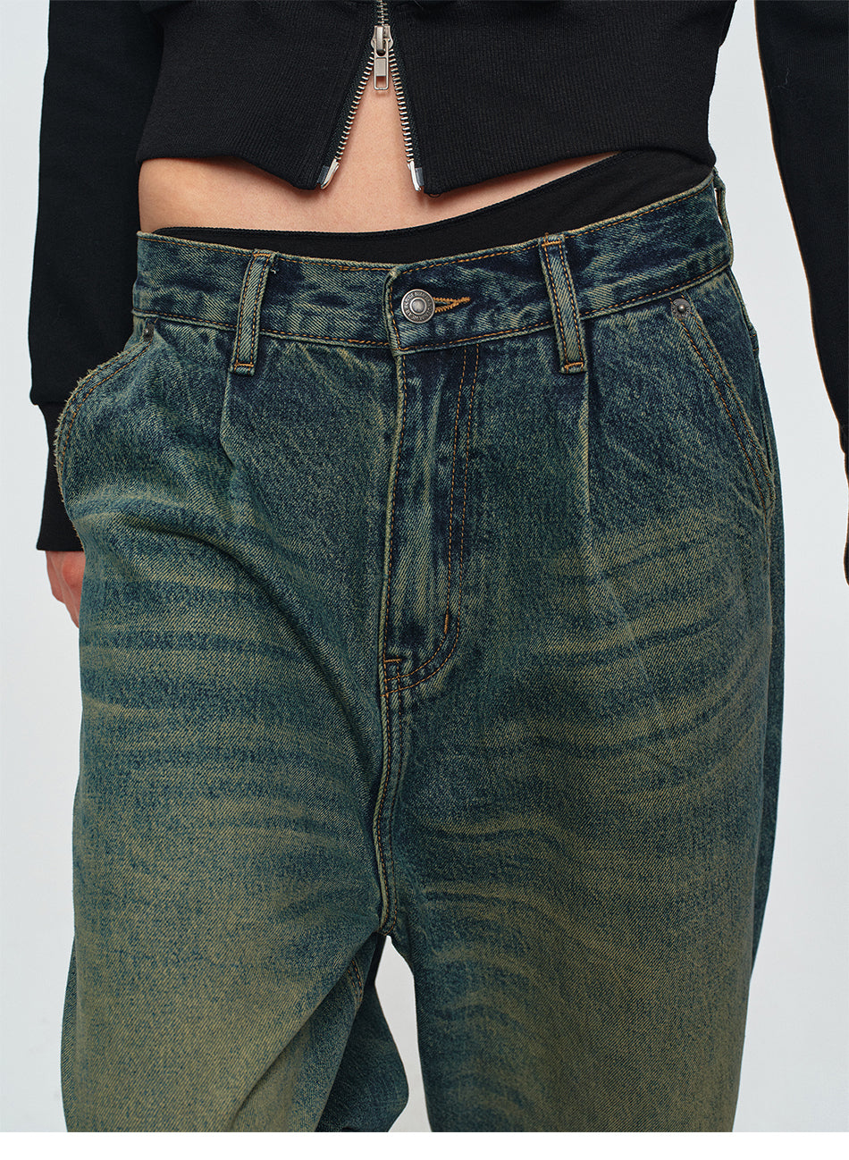 MADWITCH DOUBLE-PLEATED WASHED WIDE-LEG JEANS #CK9853
