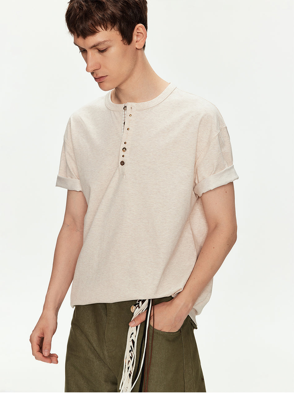 MADWITCH HENLEY NECK PLAID PLACKET TEE #991336