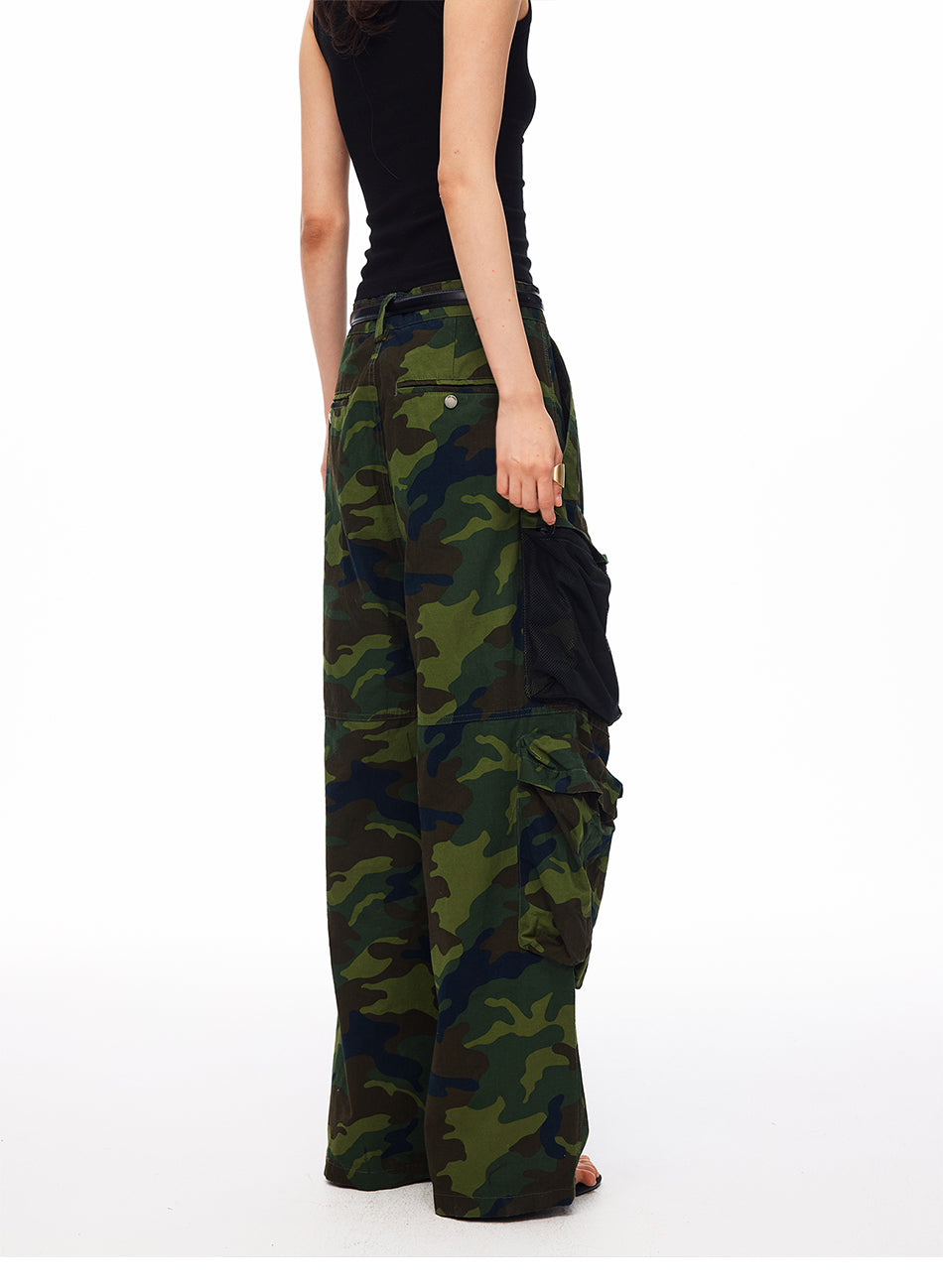 MADWITCH CAMO MESH-PANEL CARGO WIDE-LEG PANTS #CK61072