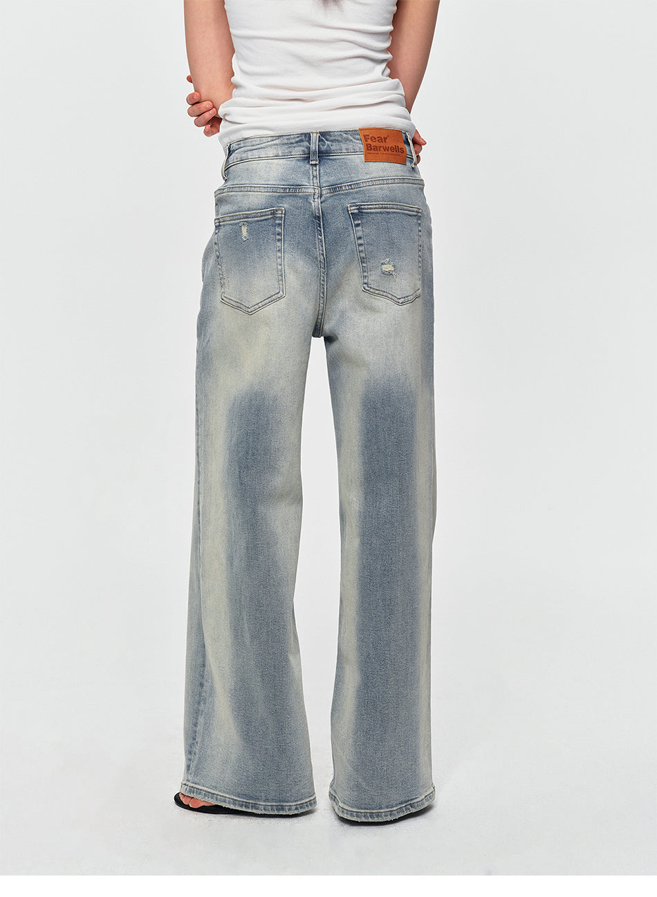 MADWITCH VINTAGE WASHED DISTRESSED WIDE-LEG JEANS #BKJ7601