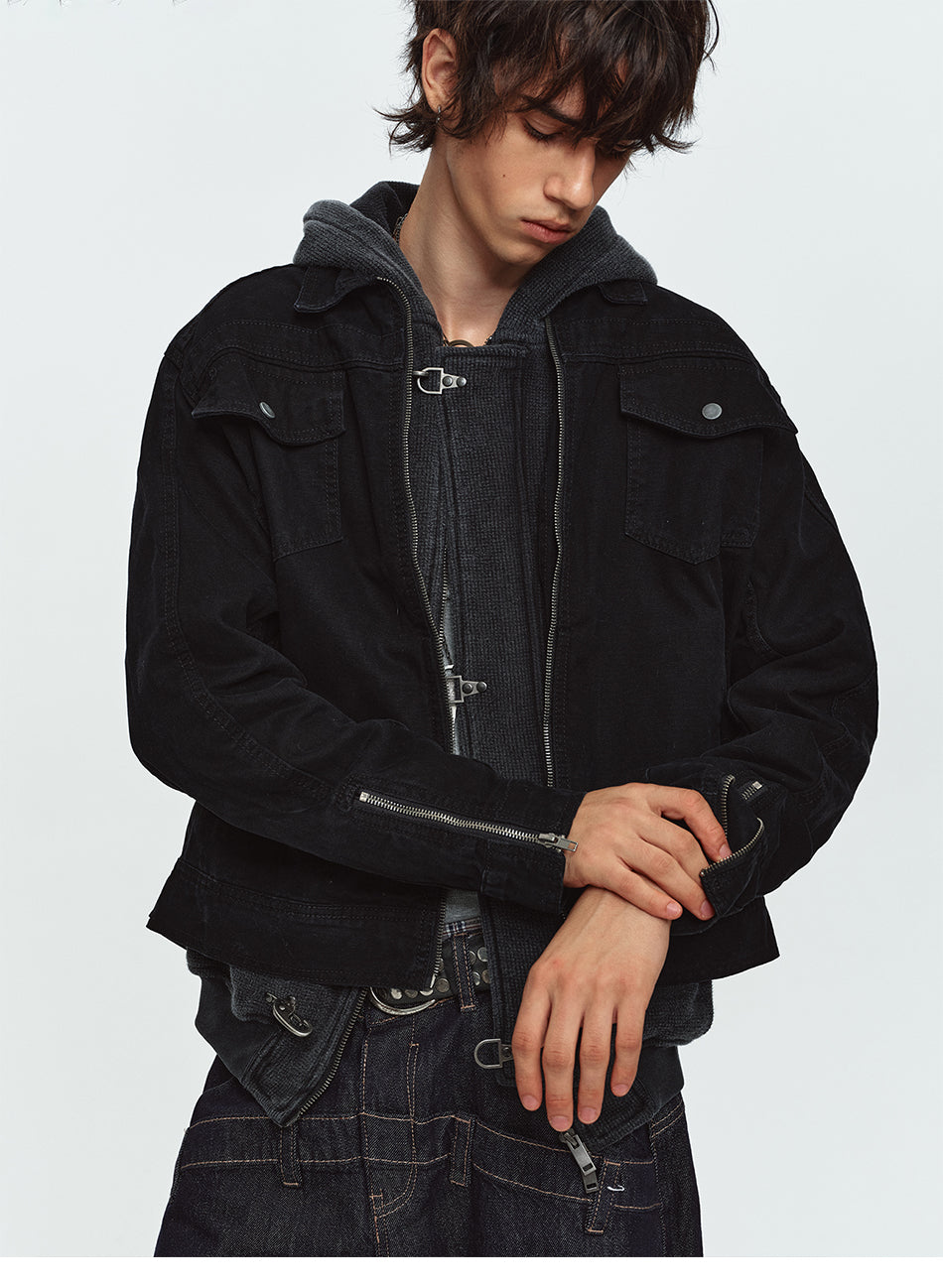 MADWITCH WASHED DISTRESSED COLLARED CROPPED DENIM JACKET #DY3016
