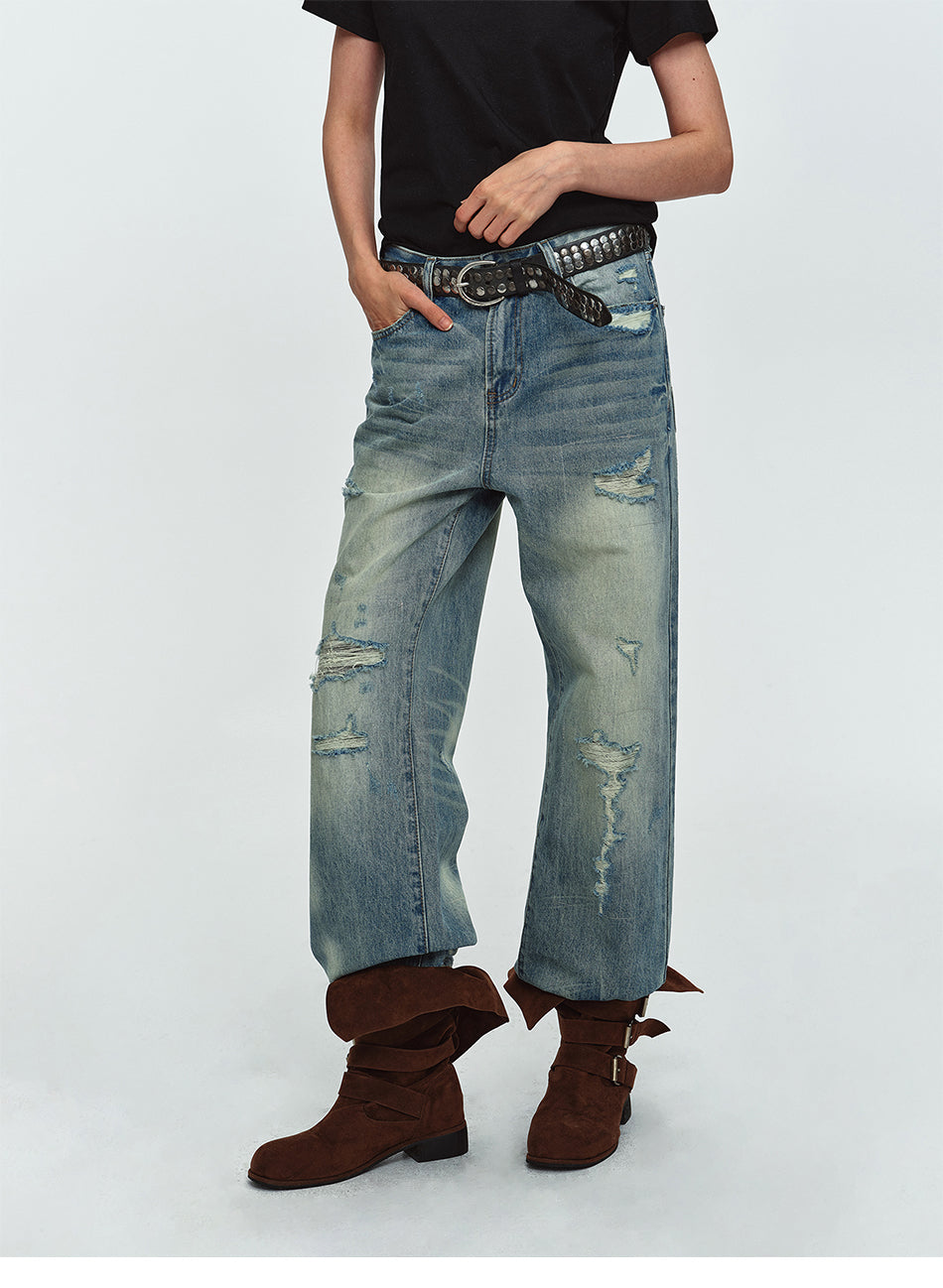 MADWITCH DISTRESSED WASHED WIDE-LEG JEANS #G60064