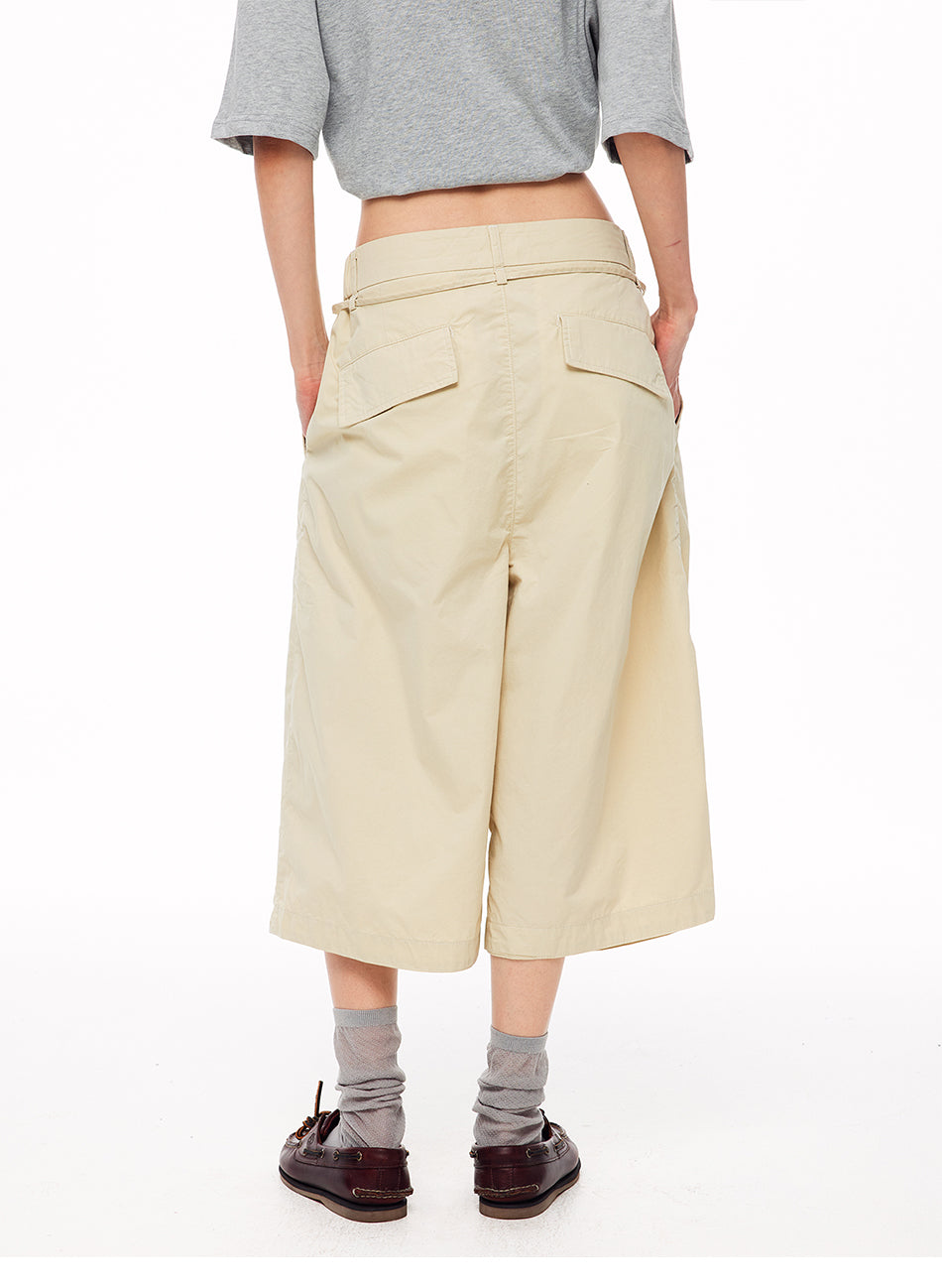 MADWITCH PLEATED DRAWSTRING DROPPED WIDE-LEG CAPRI PANTS #CK279D