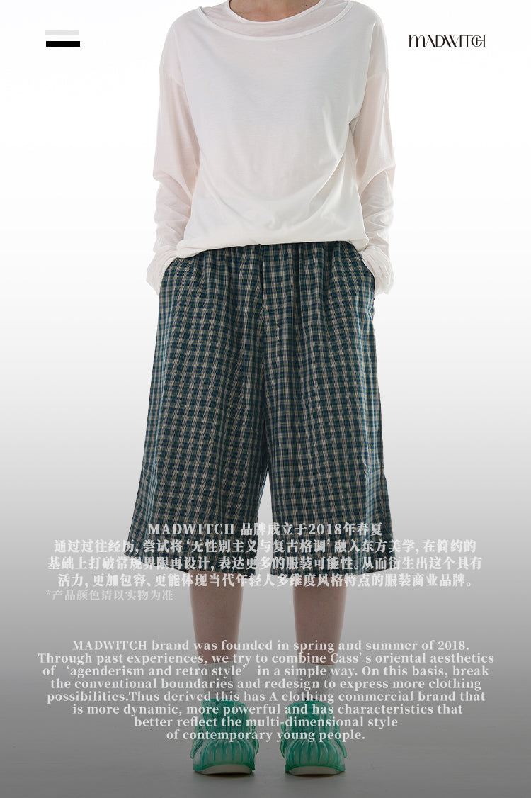 MADWITCH COLORBLOCK PLAID CROPPED CASUAL PANTS #DR3501