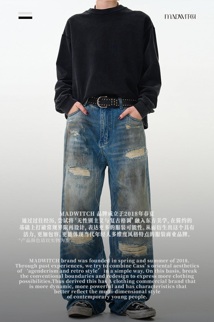 MADWITCH VINTAGE DISTRESSED SPRAY-WASHED JEANS #K5357