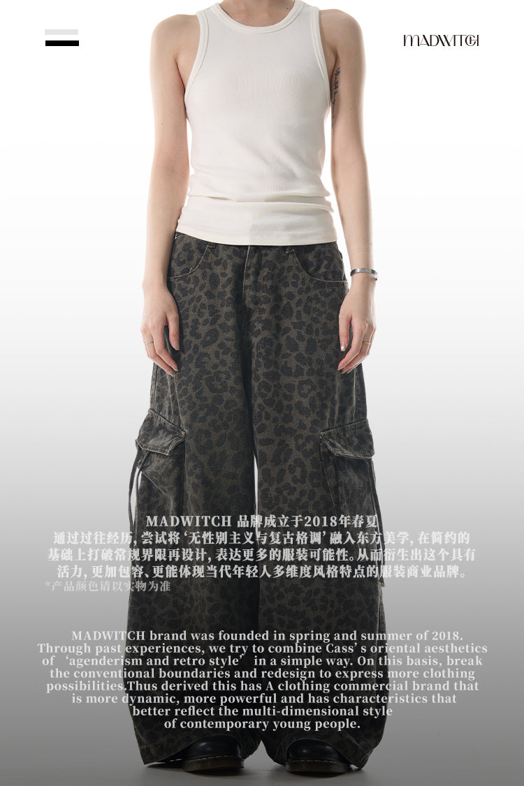 MADWITCH LEOPARD PRINT WIDE-LEG CARGO PANTS #RK179
