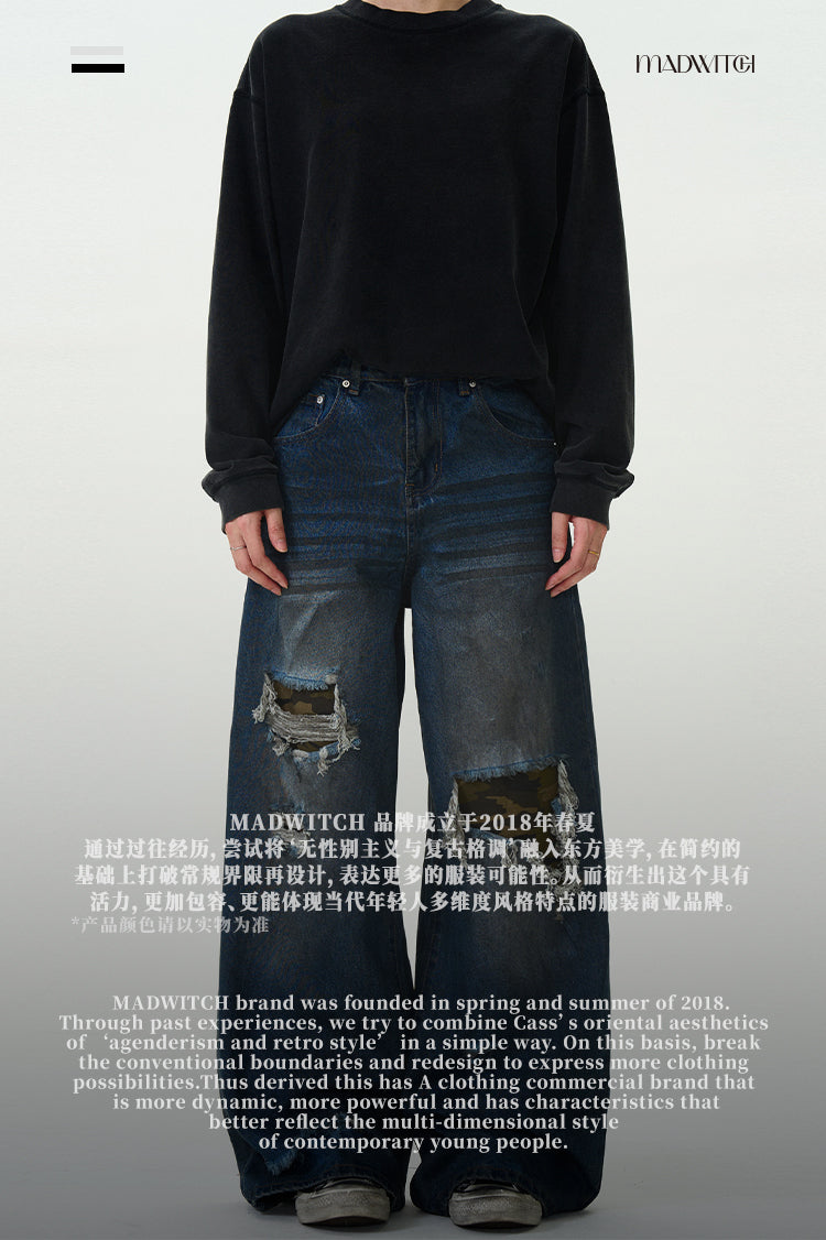 MADWITCH RIPPED CAMO PATCH DENIM JEANS #G6625