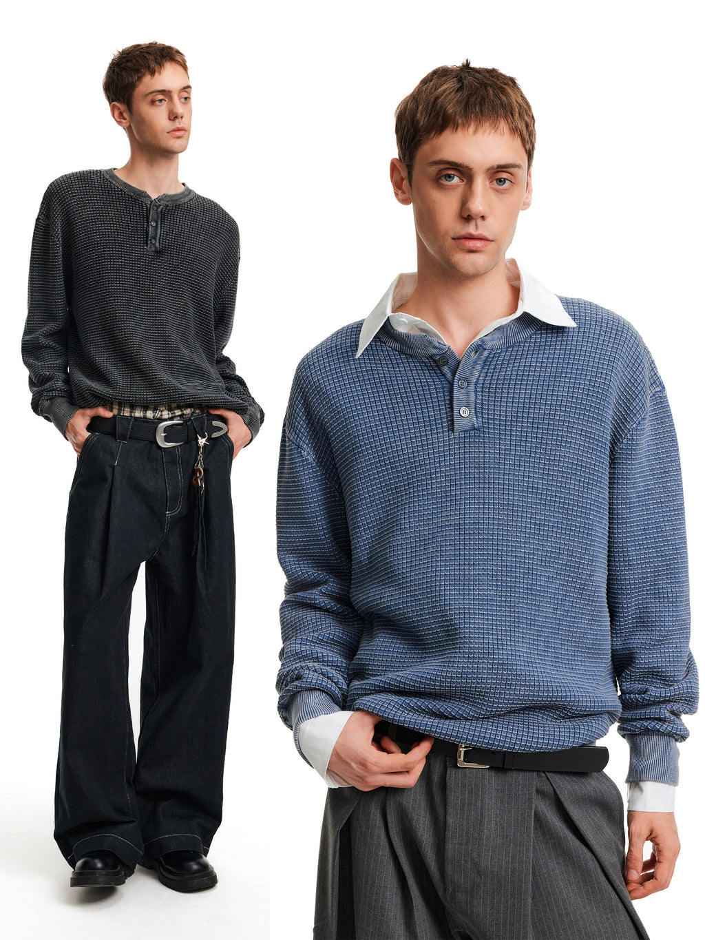 MADWITCH WAFFLE HENLEY KNIT #AK070