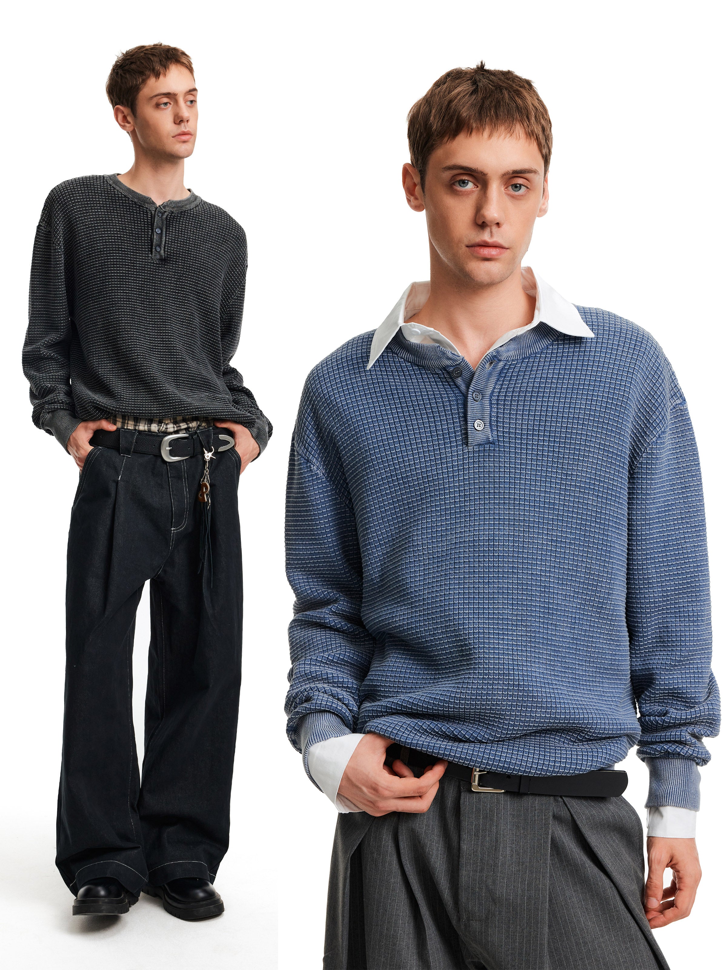 MADWITCH WAFFLE HENLEY KNIT #AK070