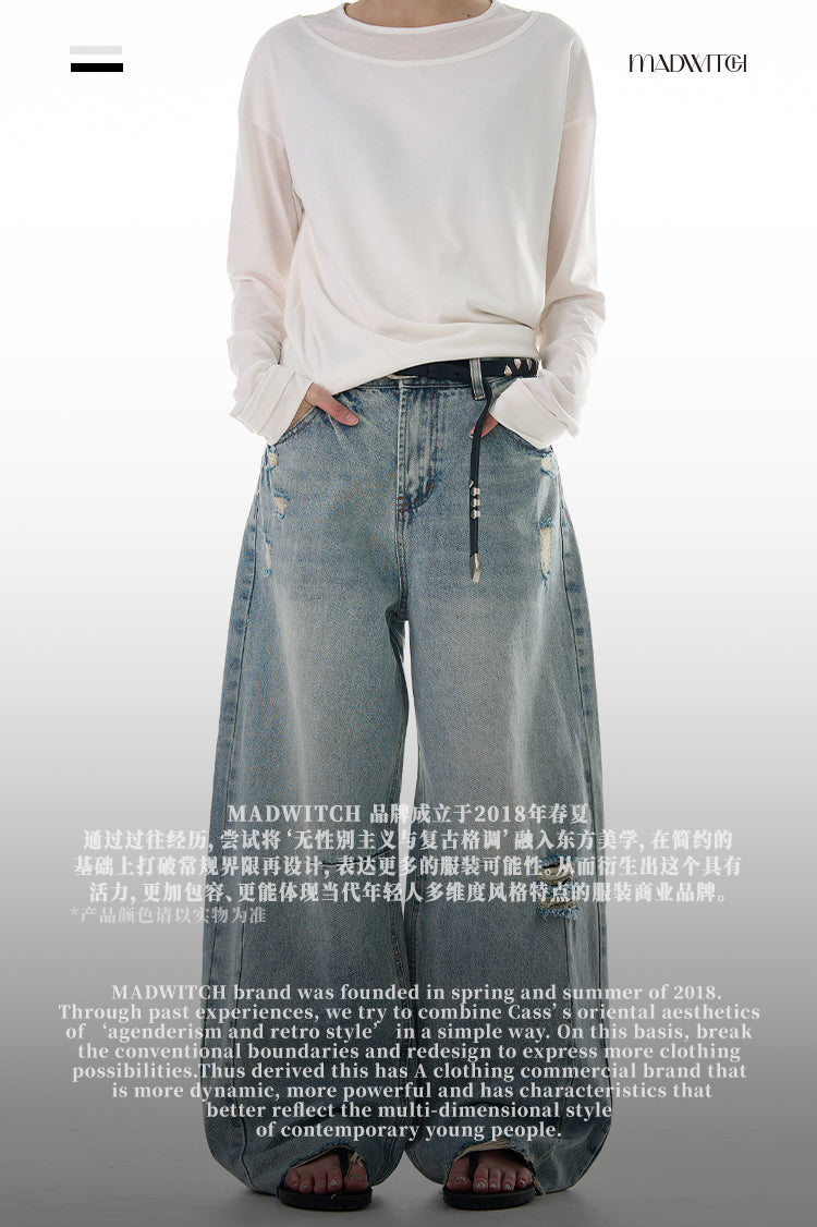 MADWITCH AMERICAN STYLE RIPPED CURVED BLADE JEANS #G6691