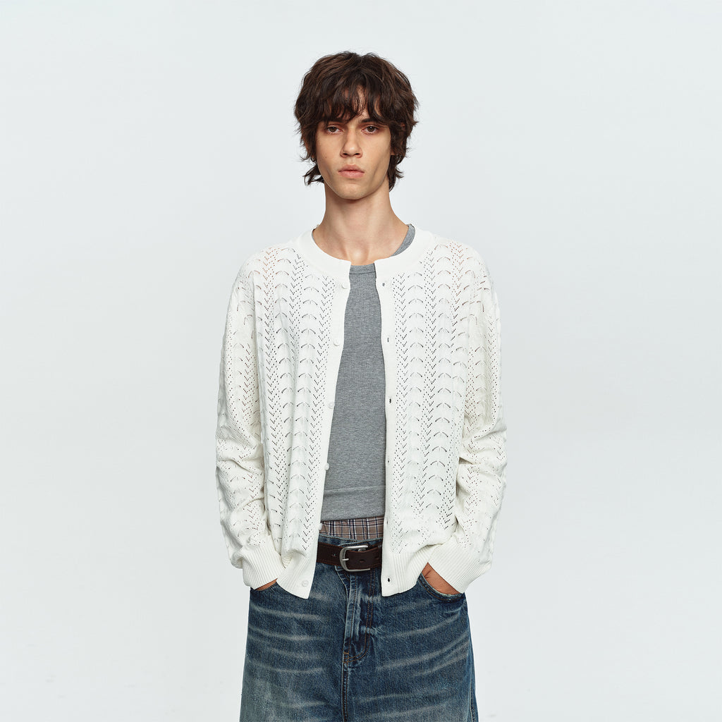 MADWITCH OPEN-KNIT JACQUARD RELAXED CARDIGAN SWEATER #MY527