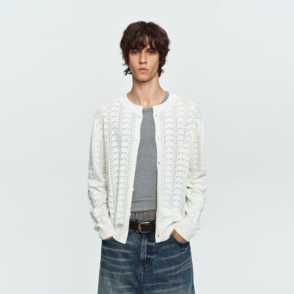 MADWITCH OPEN-KNIT JACQUARD RELAXED CARDIGAN SWEATER #MY527