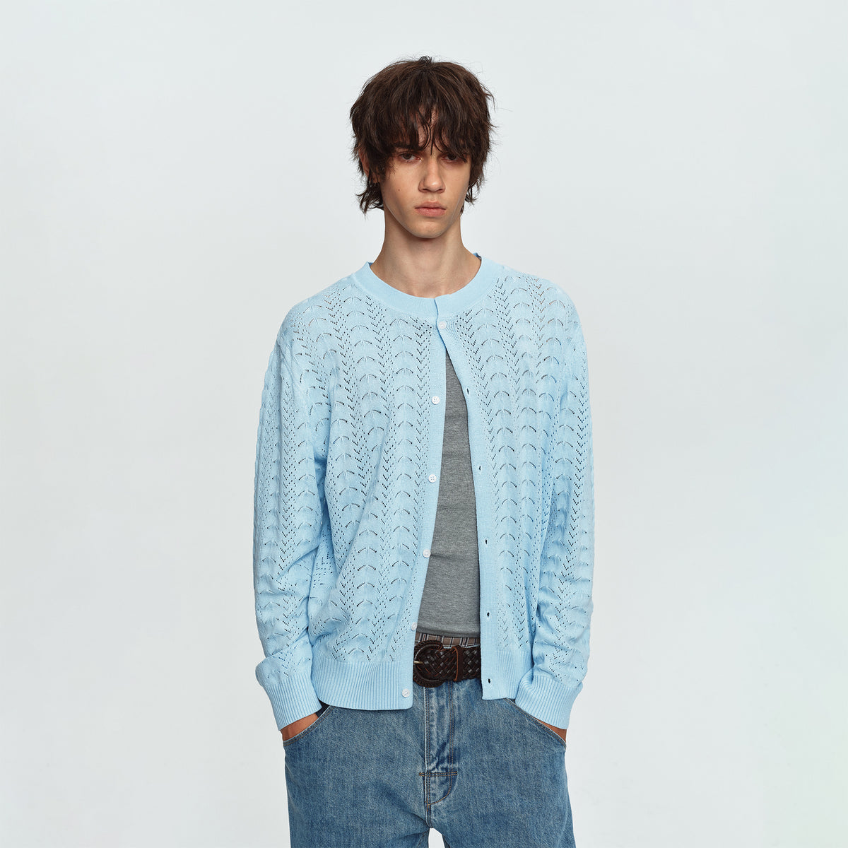 MADWITCH OPEN-KNIT JACQUARD RELAXED CARDIGAN SWEATER #MY527