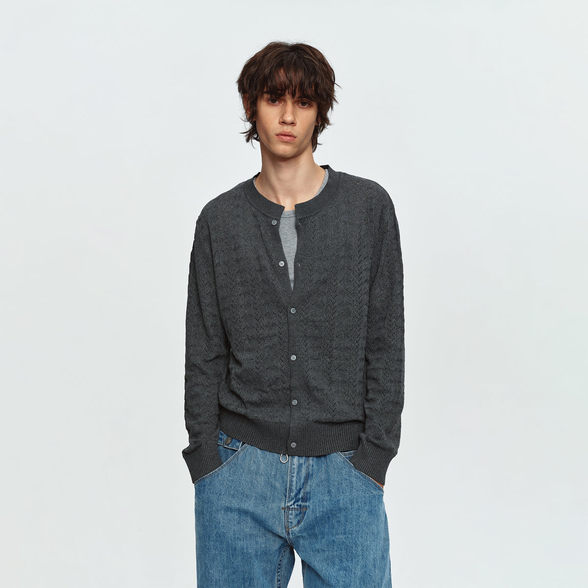 MADWITCH OPEN-KNIT JACQUARD RELAXED CARDIGAN SWEATER #MY527
