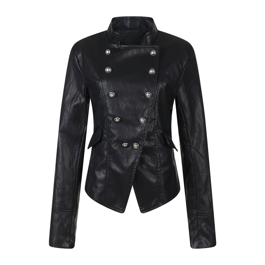 MADWITCH ASYMMETRIC DOUBLE-BREASTED CROPPED FAUX-LEATHER JACKET #C2026351