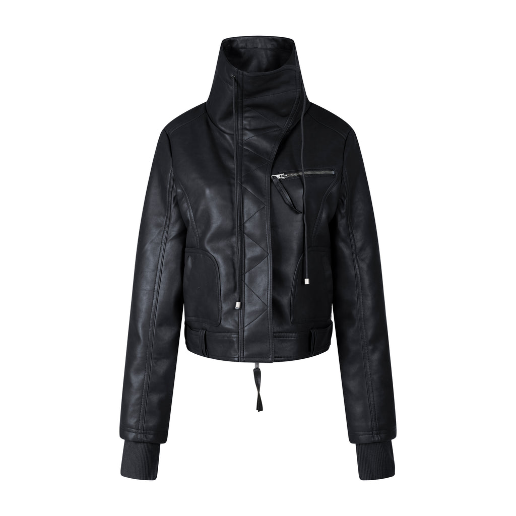 MADWITCH ASYMMETRIC-ZIP HIGH-COLLAR CROPPED FAUX-LEATHER BIKER JACKET #L2026611