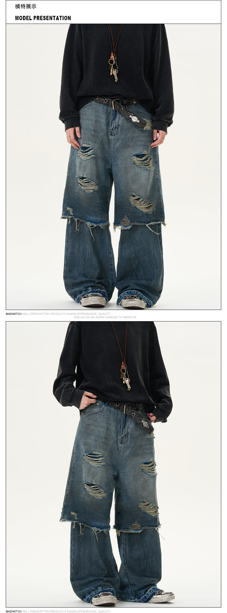 MADWITCH UNISEX POST-APOCALYPTIC STYLE PATCHWORK DENIM #D1651