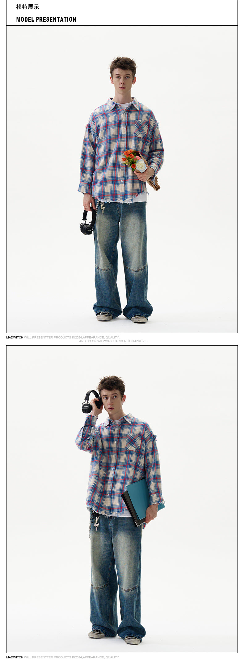 MADWITCH FRAYED CHECK SHIRT #G788