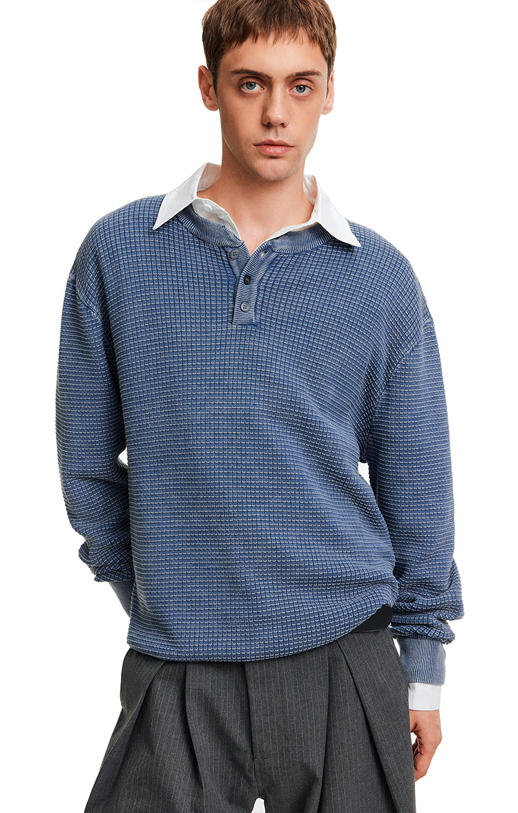 MADWITCH WAFFLE HENLEY KNIT #AK070