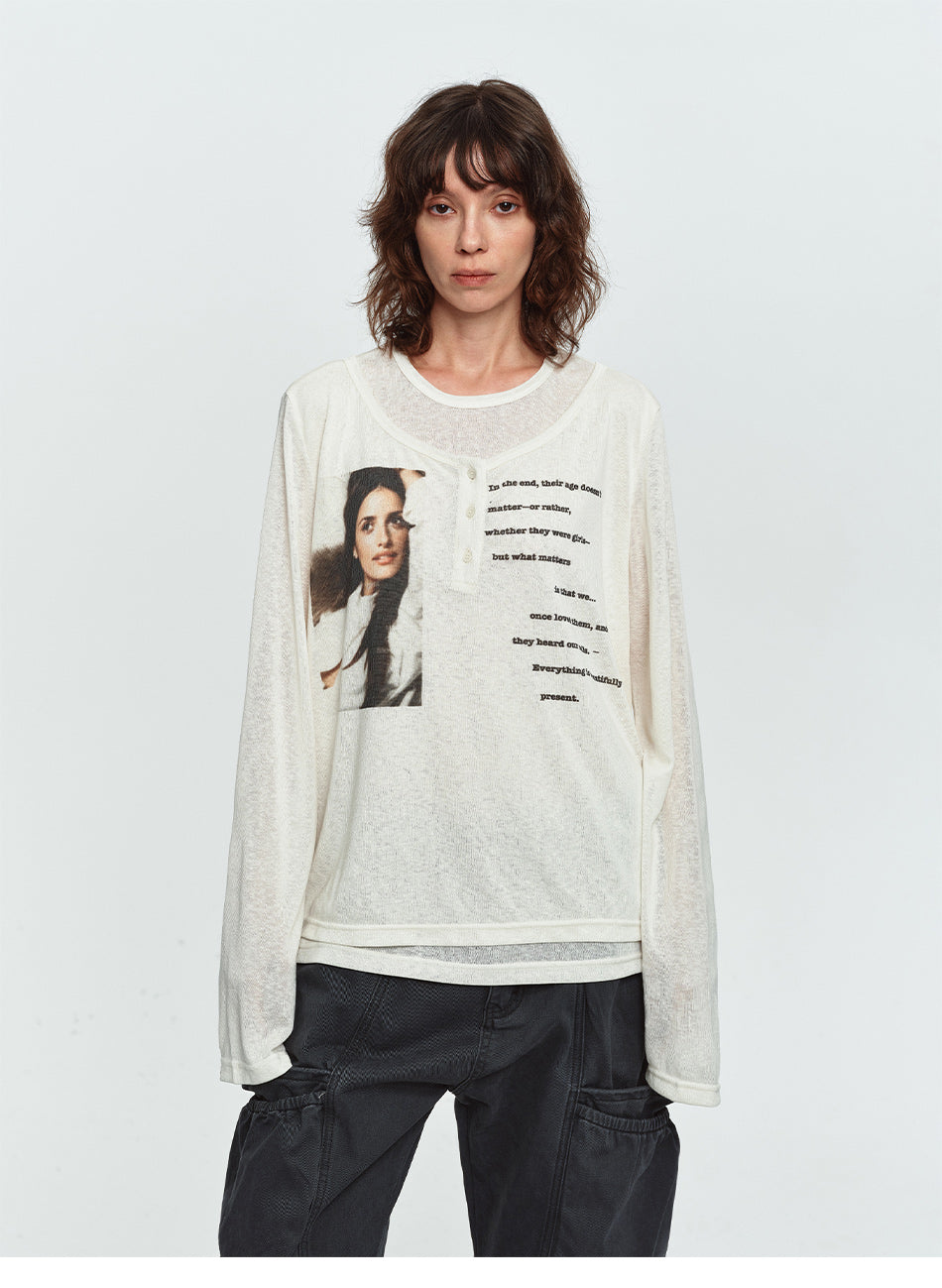 MADWITCH SHEER LAYERED GRAPHIC LYOCELL LONG-SLEEVE T-SHIRT #N2305
