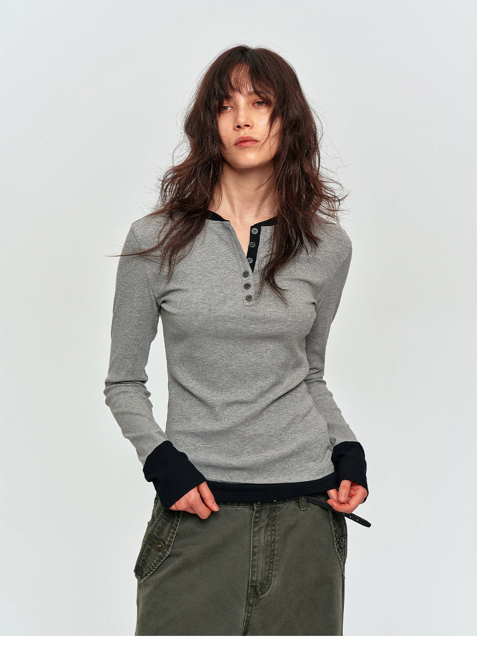 MADWITCH CONTRAST LAYERED RIB-KNIT HENLEY TOP #DD3422