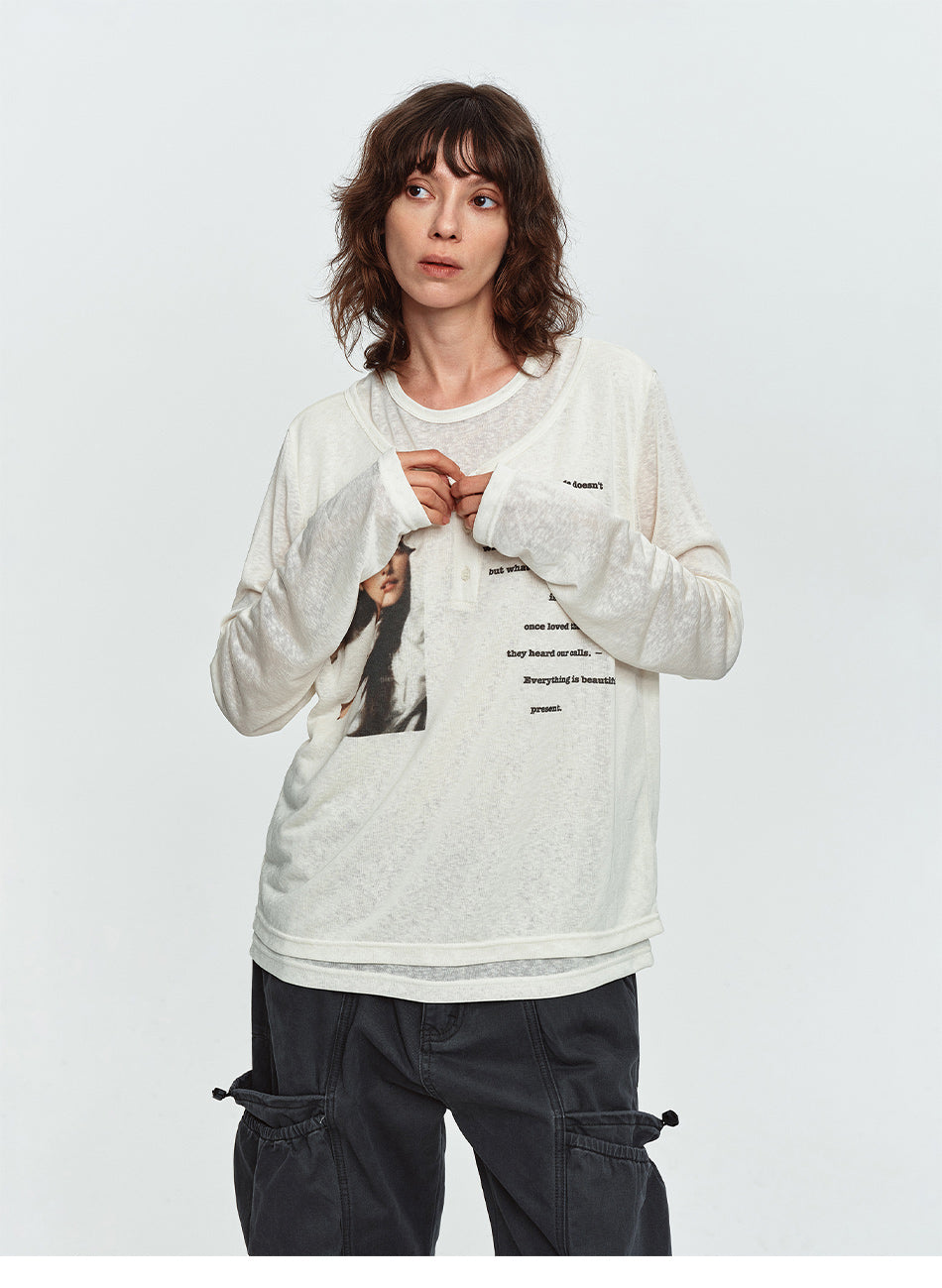 MADWITCH SHEER LAYERED GRAPHIC LYOCELL LONG-SLEEVE T-SHIRT #N2305