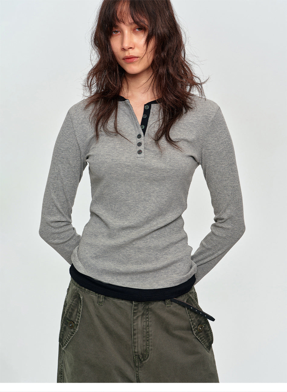 MADWITCH CONTRAST LAYERED RIB-KNIT HENLEY TOP #DD3422