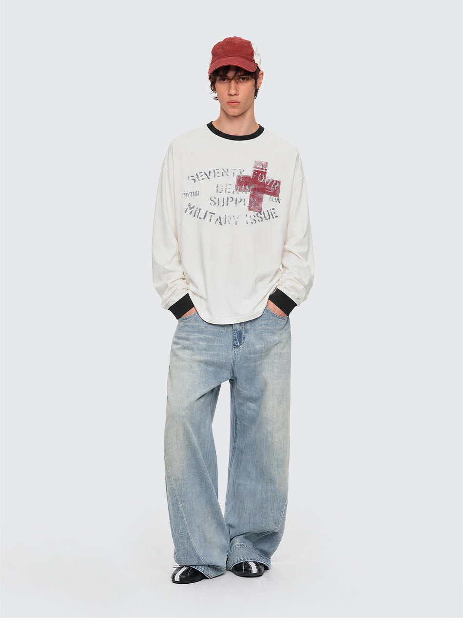 MADWITCH CONTRAST-COLLAR GRAPHIC LONGSLEEVE T-SHIRT #27559