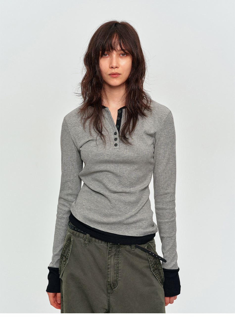 MADWITCH CONTRAST LAYERED RIB-KNIT HENLEY TOP #DD3422