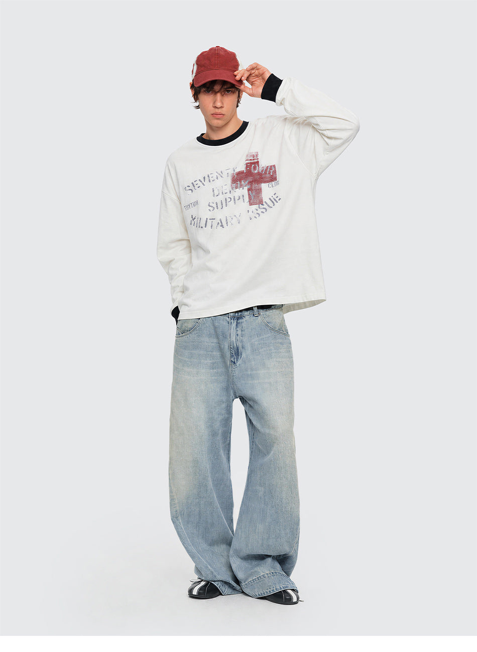 MADWITCH CONTRAST-COLLAR GRAPHIC LONGSLEEVE T-SHIRT #27559