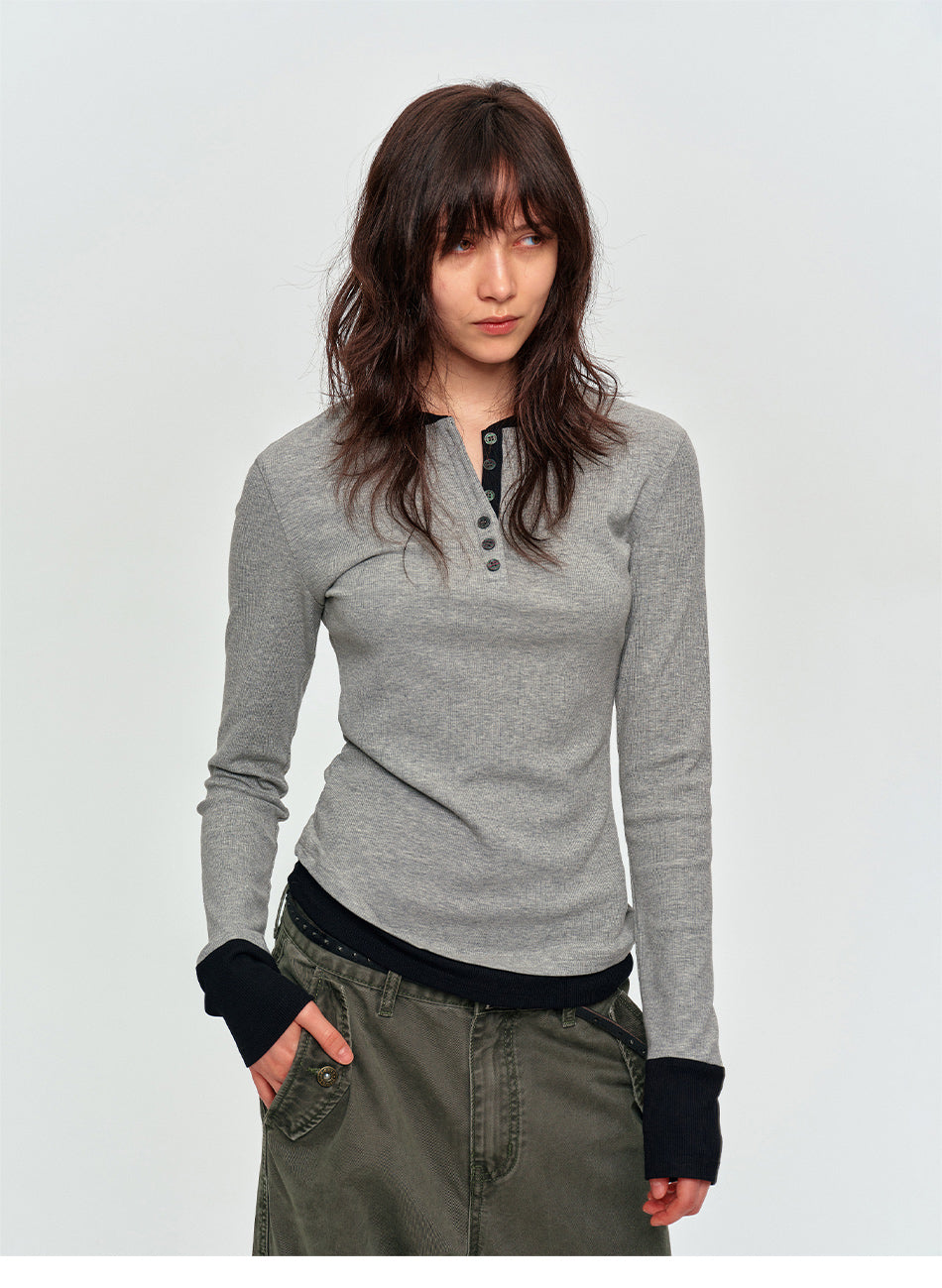 MADWITCH CONTRAST LAYERED RIB-KNIT HENLEY TOP #DD3422