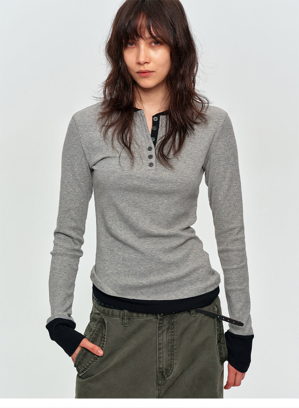 MADWITCH CONTRAST LAYERED RIB-KNIT HENLEY TOP #DD3422