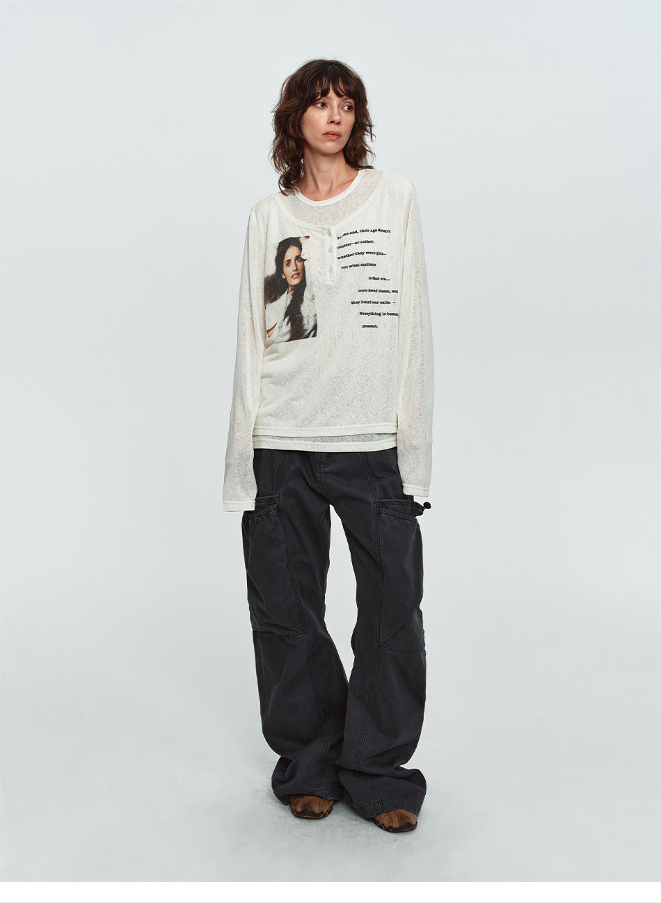 MADWITCH SHEER LAYERED GRAPHIC LYOCELL LONG-SLEEVE T-SHIRT #N2305