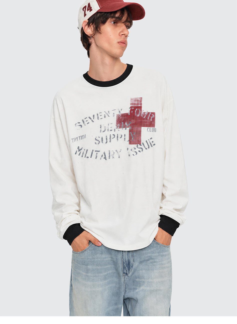 MADWITCH CONTRAST-COLLAR GRAPHIC LONGSLEEVE T-SHIRT #27559