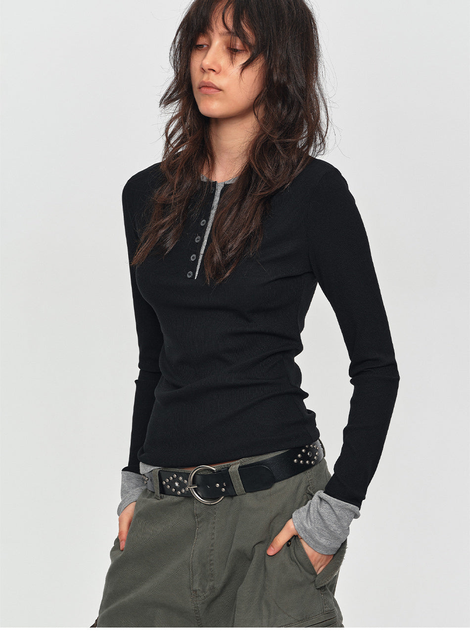 MADWITCH CONTRAST LAYERED RIB-KNIT HENLEY TOP #DD3422