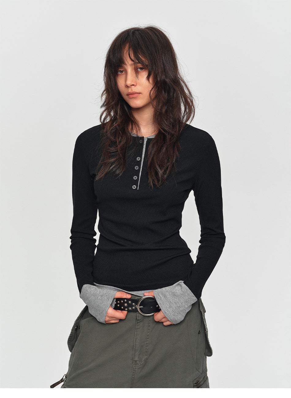 MADWITCH CONTRAST LAYERED RIB-KNIT HENLEY TOP #DD3422