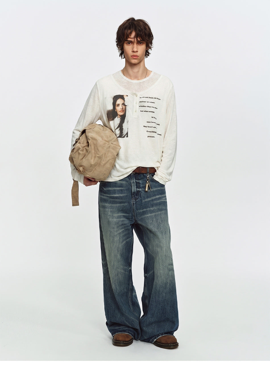 MADWITCH SHEER LAYERED GRAPHIC LYOCELL LONG-SLEEVE T-SHIRT #N2305