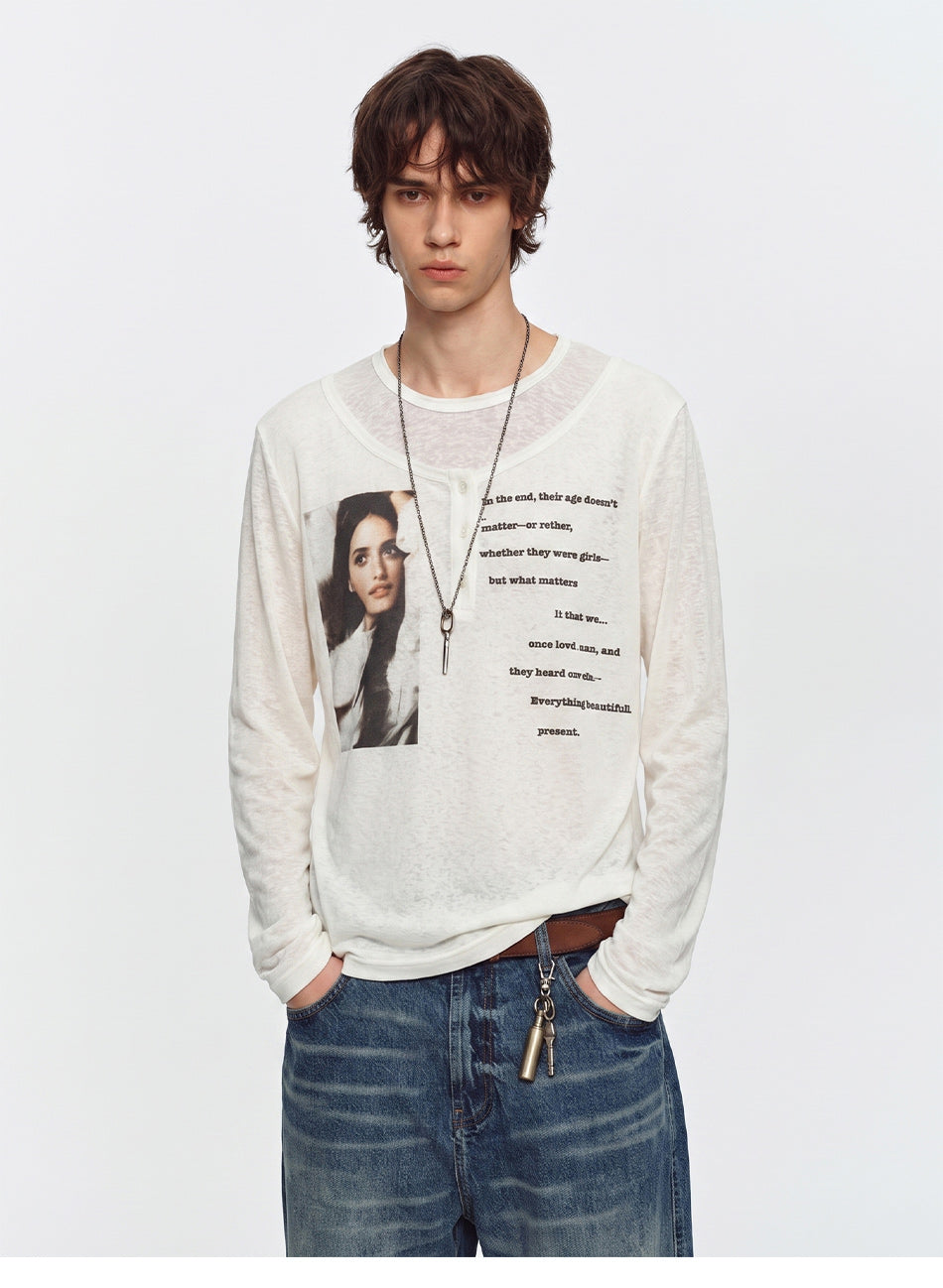 MADWITCH SHEER LAYERED GRAPHIC LYOCELL LONG-SLEEVE T-SHIRT #N2305