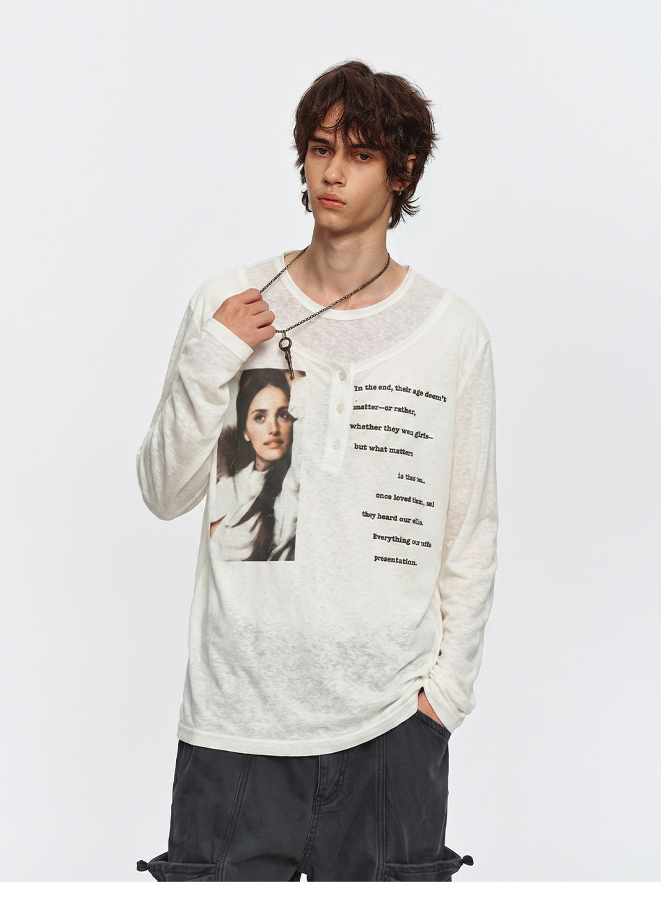 MADWITCH SHEER LAYERED GRAPHIC LYOCELL LONG-SLEEVE T-SHIRT #N2305