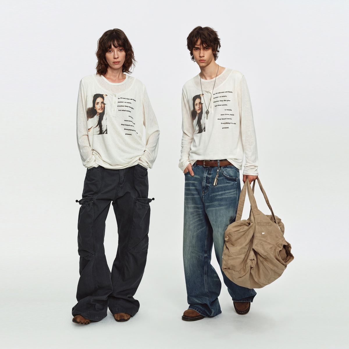 MADWITCH SHEER LAYERED GRAPHIC LYOCELL LONG-SLEEVE T-SHIRT #N2305