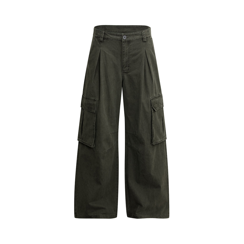 MADWITCH PLEATED WASHED CARGO WIDE-LEG TROUSERS #7621