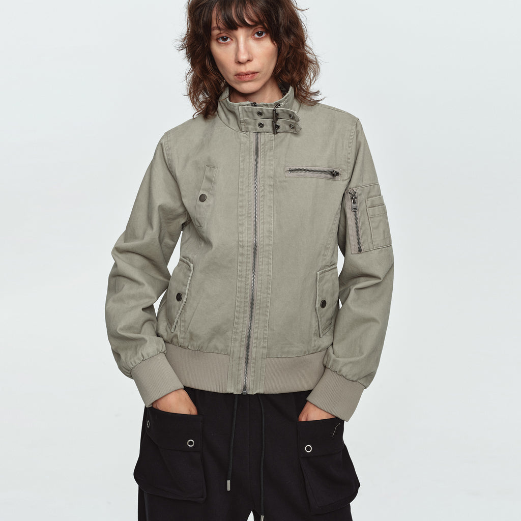 MADWITCH BUCKLED-COLLAR MULTI-POCKET WASHED CROPPED JACKET #N607
