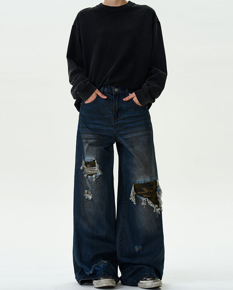 MADWITCH RIPPED CAMO PATCH DENIM JEANS #G6625