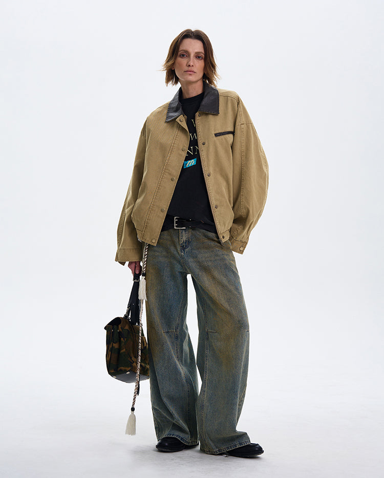 MADWITCH COLOR-BLOCK LEATHER COLLAR JACKET #W219