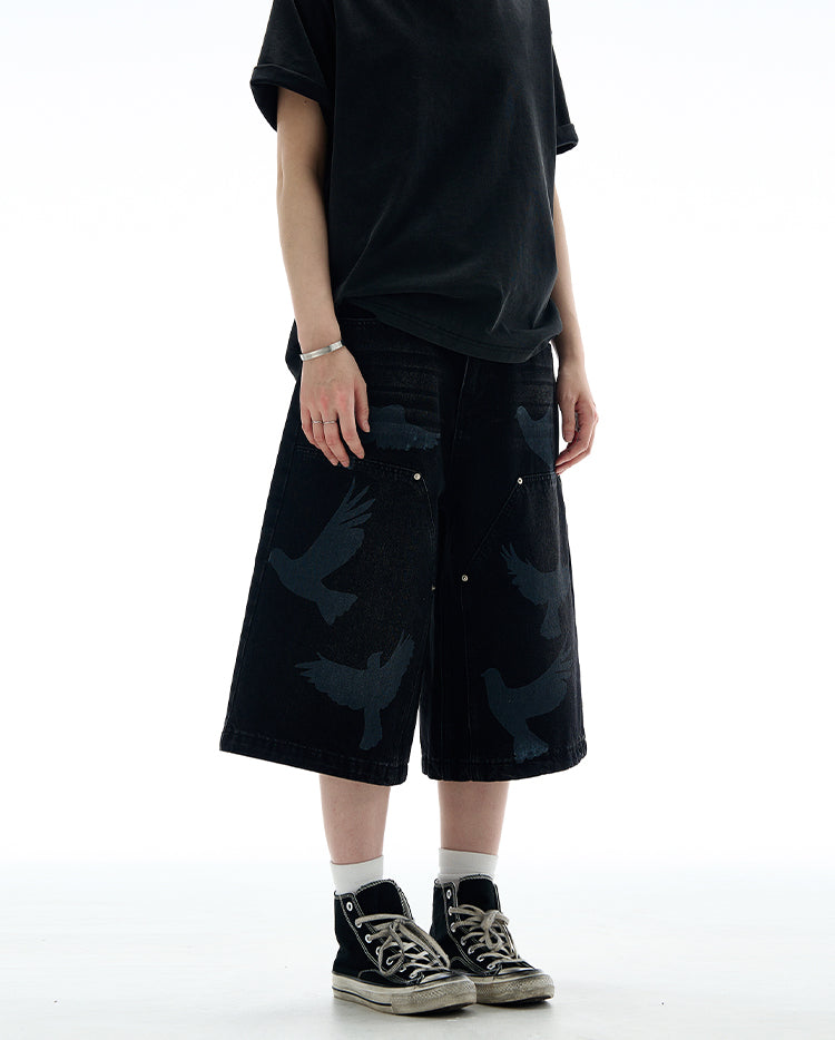 MADWITCH VINTAGE PRINTED CROPPED DENIM PANTS #L533