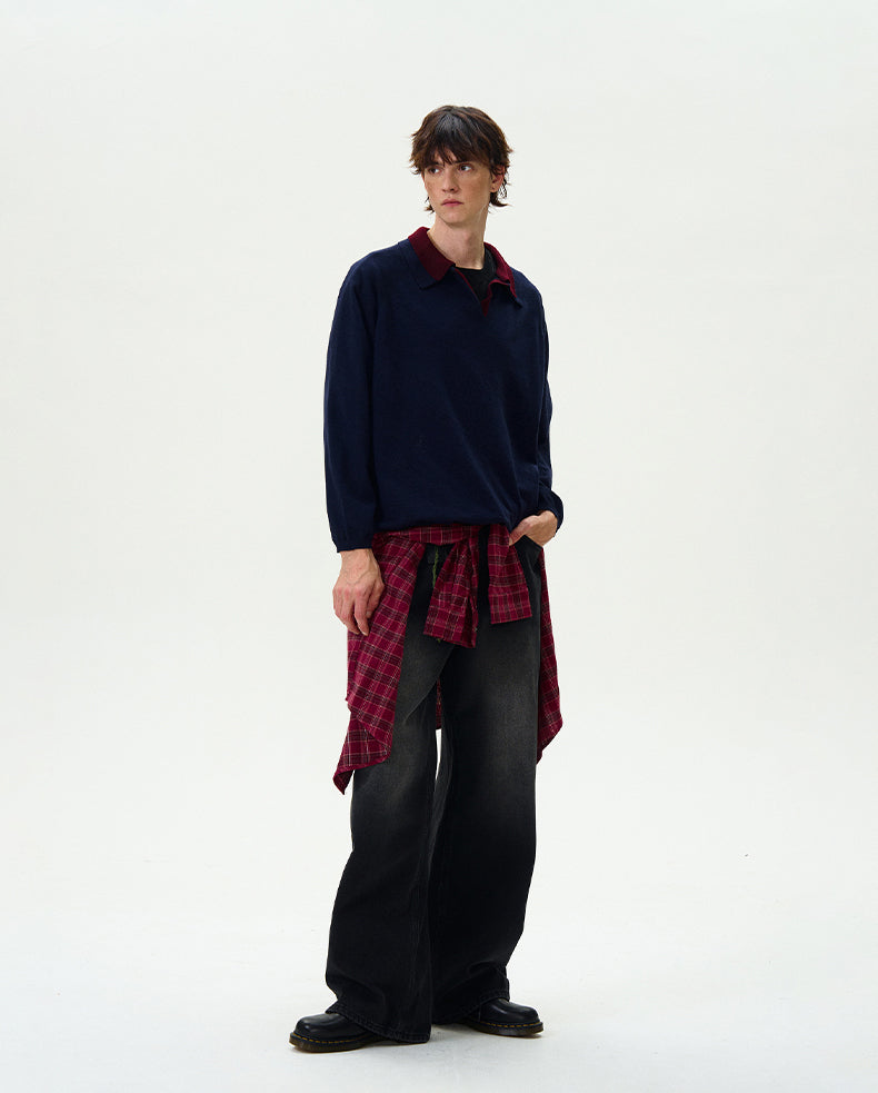 MADWITCH DOUBLE-LAYER CONTRAST KNIT SWEATER #L535